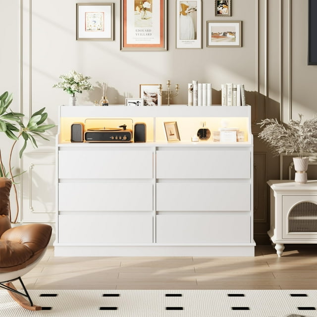 Commode Blanche pour Chambre avec 6 Tiroirs, Coffre Moderne avec Lumières DEL et Station de Recharge, Armoire de Rangement Spacieuse pour Salon