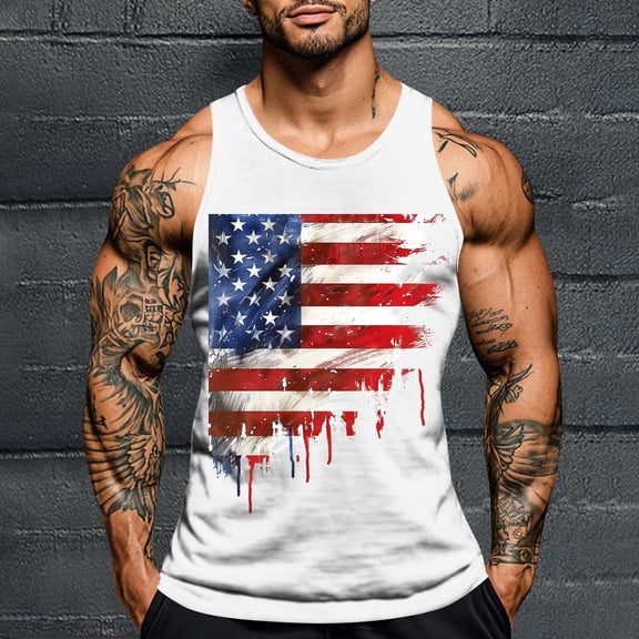 Cotton Tank Top Men Men's Independence Day Printing Round Neck Regular Casual Sports Tank Blouses White Xxl