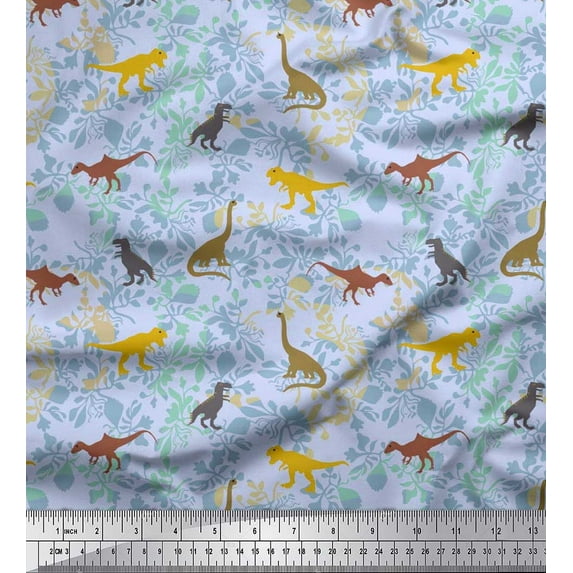 Soimoi Polyester Crepe Fabric Leaves & Dinosaur Jungle Print Fabric by The Yard 42 Inch Wide