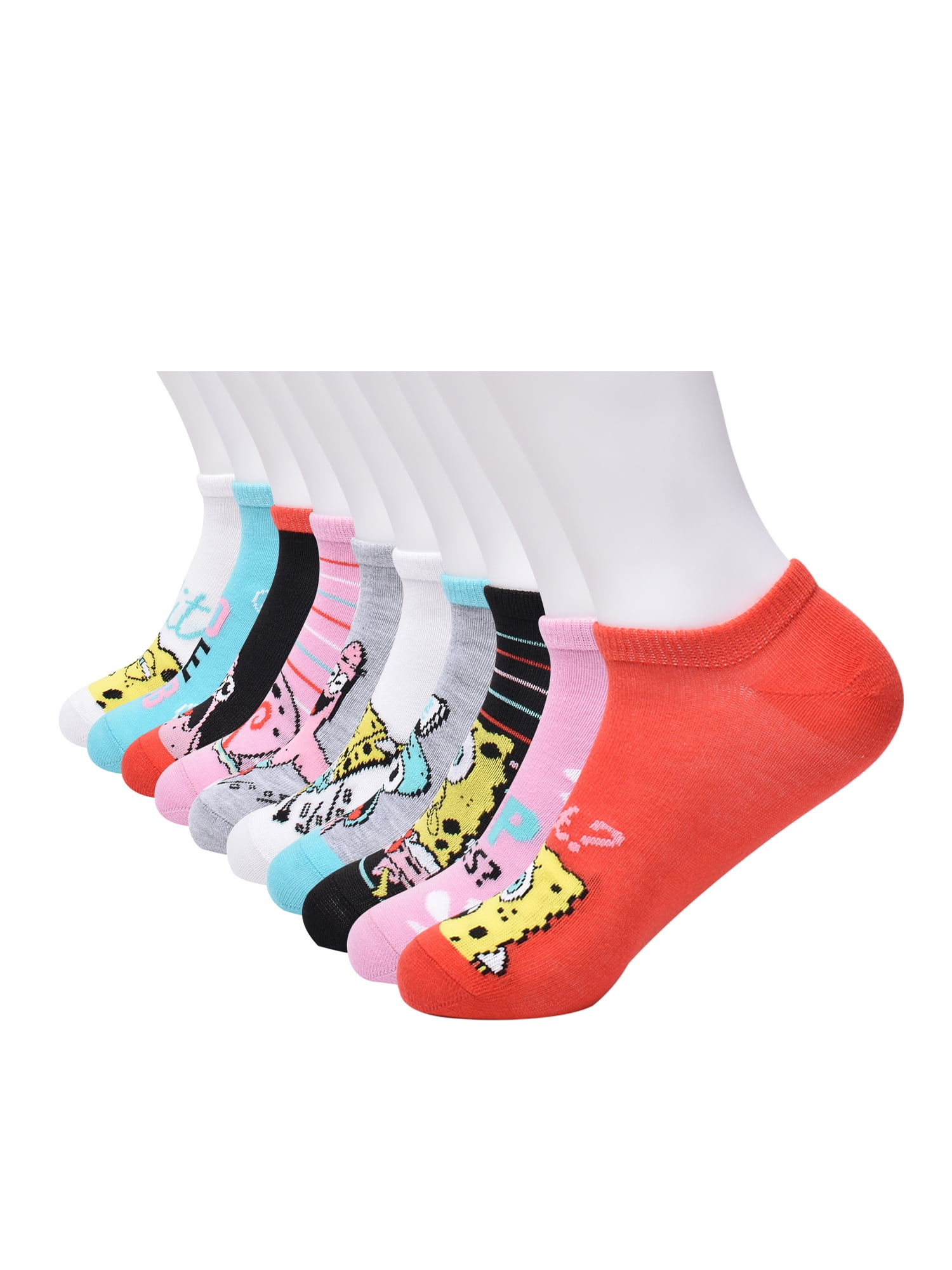 SpongeBob SquarePants Women's Graphic Super No Show Socks, 10-Pack, Shoe Size 4-10