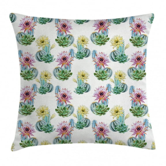 Cactus Decor Throw Pillow Cushion Cover, Hot Desert South Mexican Vintage Plant Cactus Flowers with Spikes, Decorative Square Accent Pillow Case, 16 X 16 Inches, Pink Green and Blue, by Ambesonne