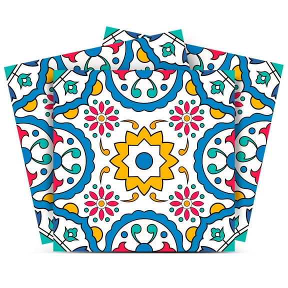 Mi Alma Floral Blue Yellow Tile Stickers - Removable Vinyl 4x4, 24 pcs