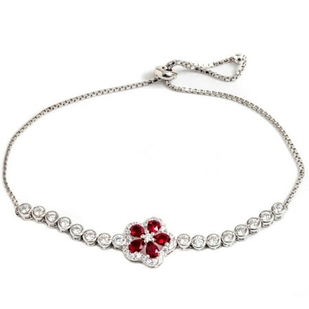 Pori Jewelers Red CZ Sterling Silver Flower Friendship Bolo Adjustable Bracelet