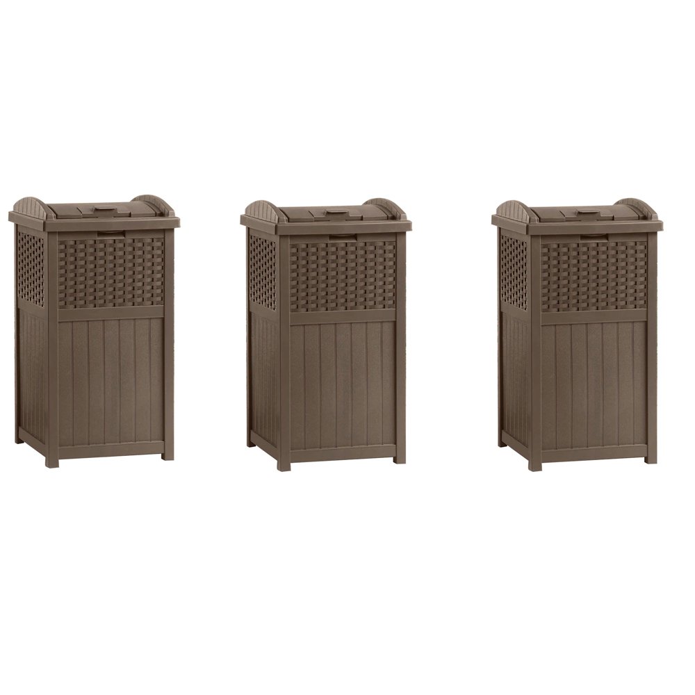 Suncast Trash Hideaway 33 Gallon Resin Wicker Outdoor Garbage Container
