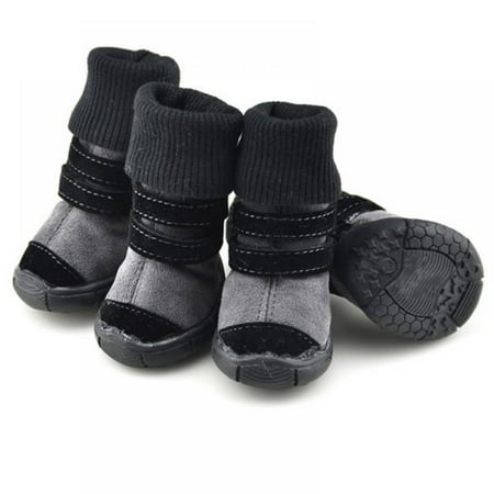 Pet Winter shoes Anti-slip Cotton Leather Cashmere Waterproof Warm Booties Boots Belt Dog Shoes Decoration Black XS