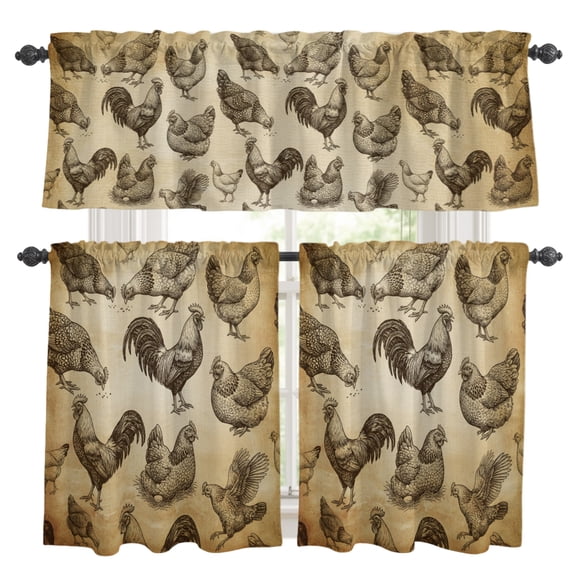 Farm Chicken Kitchen Curtains and Valances Set, Country Rustic Rooster Hen Retro Farmhouse 3 Piece Curtains Valances and Tiers Set Rod Pocket for Kitchen Bathroom Windows 24 Inch