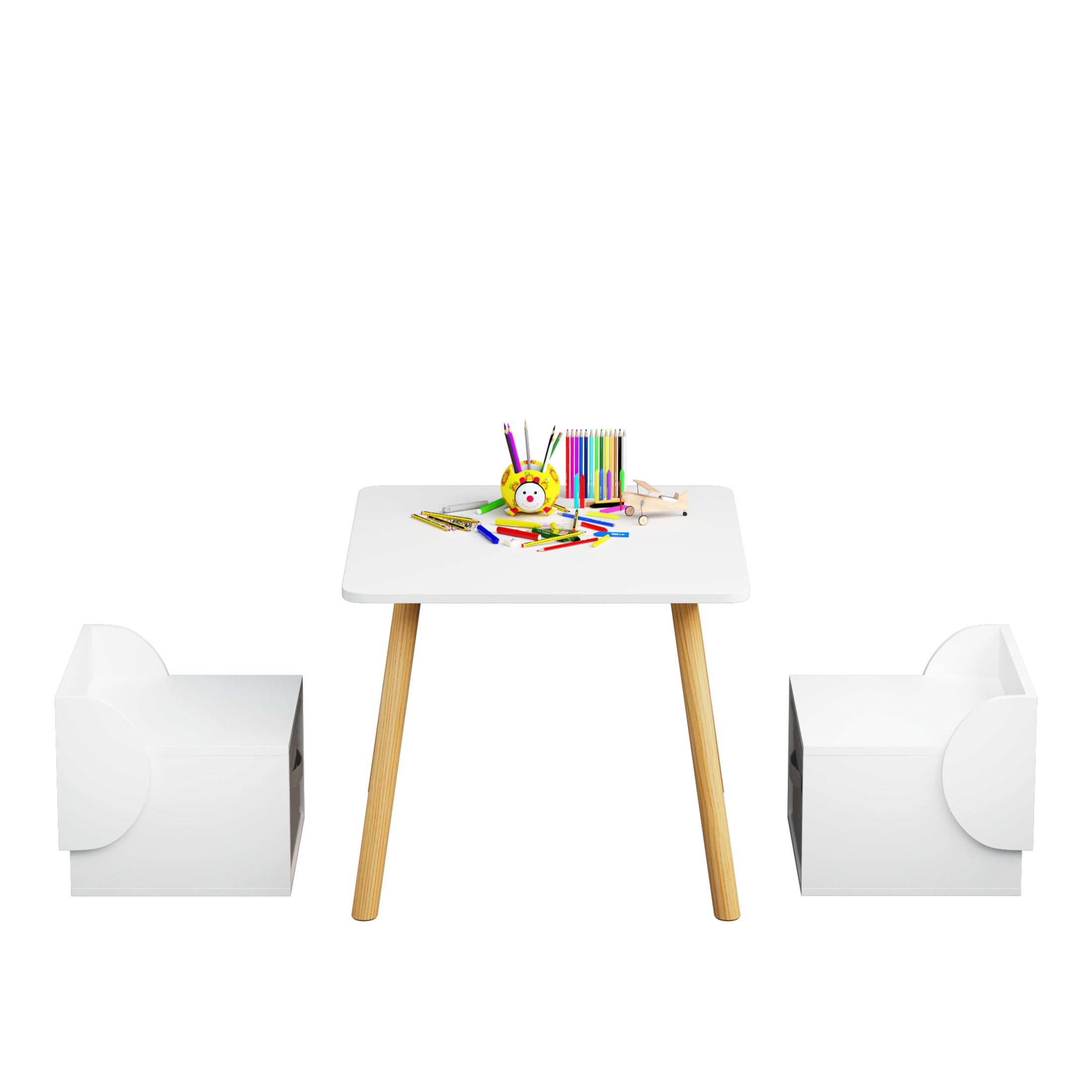 Noble House Lornic Scandi Kids Play Table and Chair Set, 3-Piece Toddler Activity Set with Storage Drawers, White & Natural