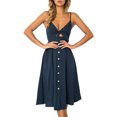 thumbnail image 1 of Femmes Robes Été Cravate avant V-Cou Bretelles Spaghetti Bouton vers le Bas une Ligne Dos Nu Swing Midi Robe H M, 1 of 2