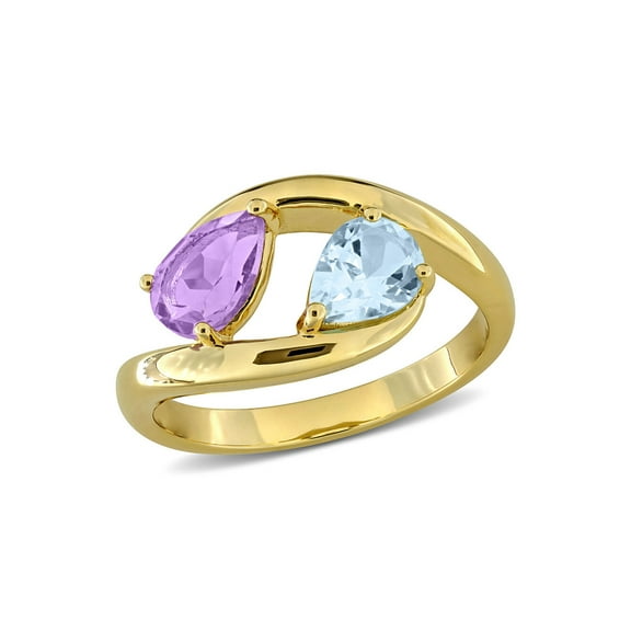 1.40 Carat (Ctw) Sky-Blue Topaz and Amethyst Ring Yellow Plated Sterling Silver for Women