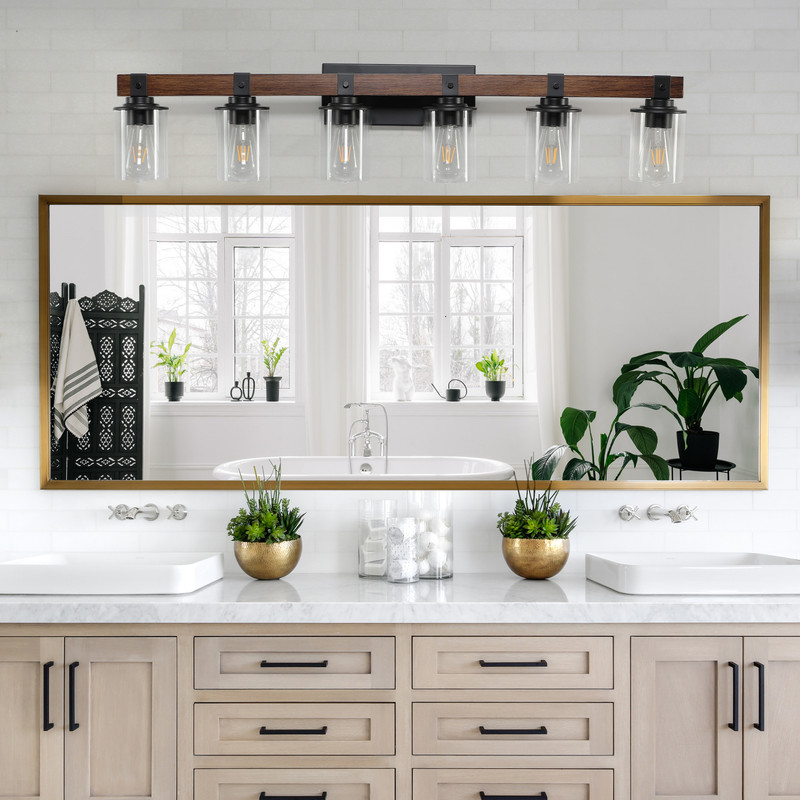 42" Rustic 6-Light Vanity Light, Industrial Bathroom Wall Sconce with Clear Glass Shades & Wood Accent, Modern Farmhouse Bathroom Light Fixture for Vanity, Powder Room (Bulbs Not Included)