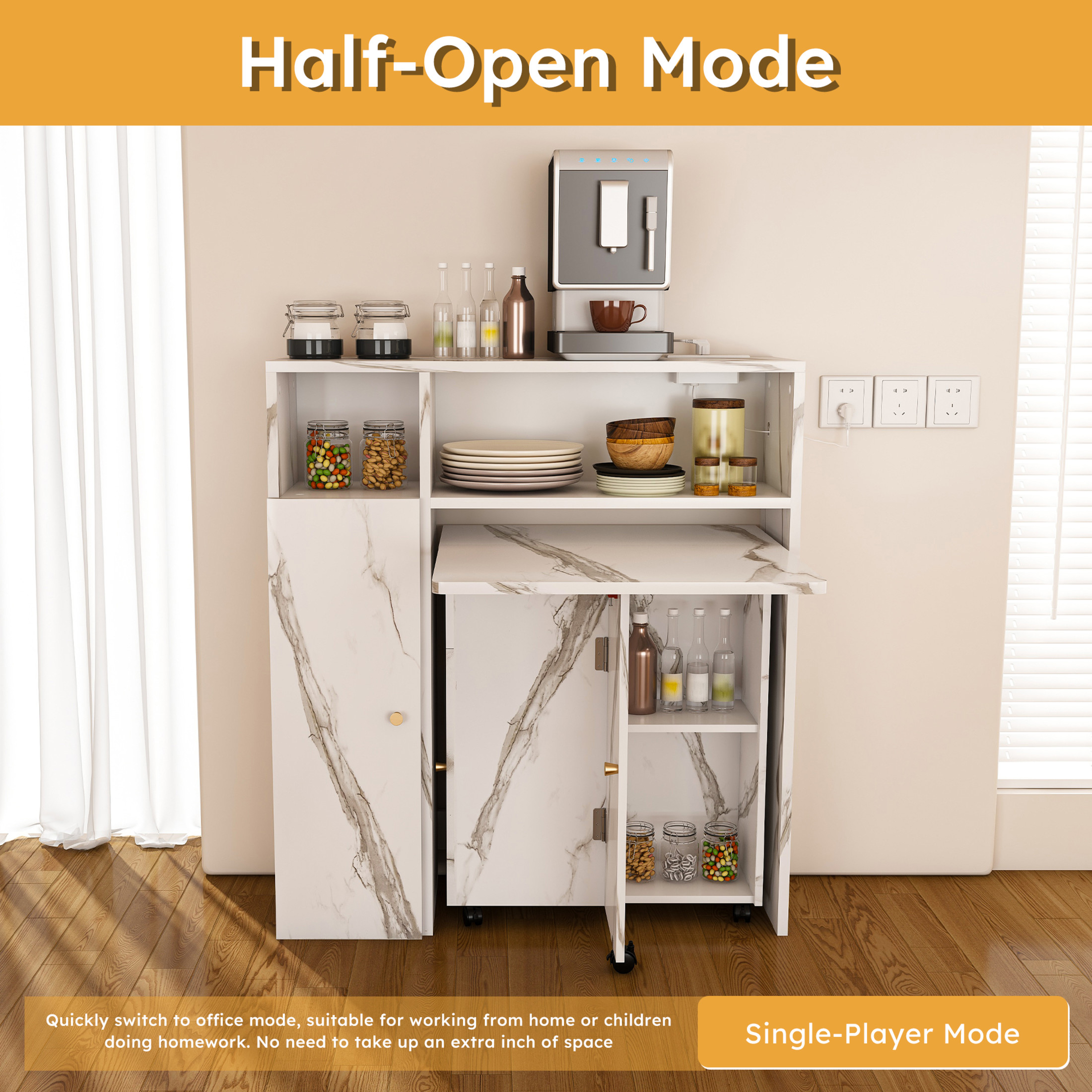 Noble House 2-in-1 Folding Table with Wall-Mounted Sideboard and Socket, Space-Saving Dining Table, White
