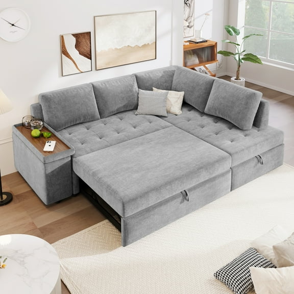 Harper & Bright Designs L Shaped Sectional Sofa with Pull Out Bed, Convertible Sofa Sleeper with Storage Lounger, Sectional Sofa with Wide Armrest for Living Room, LIGHT GREY