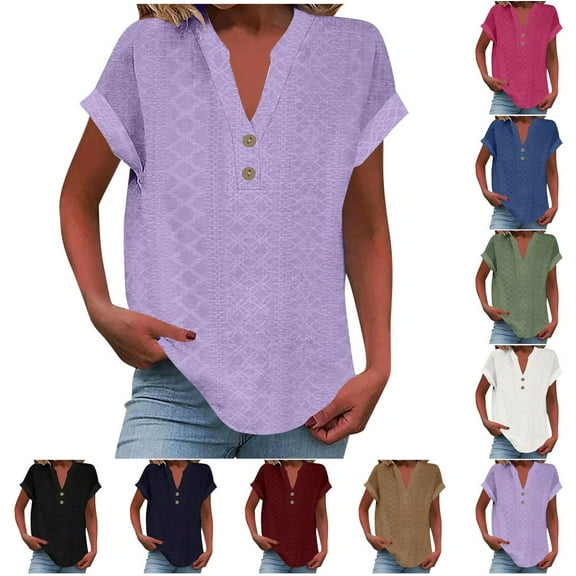 Erwazi Womens Henley Tops Short Sleeve V Neck Eyelet Top Dressy Casual Loose Fit Shirts Summer Flowy Blouses