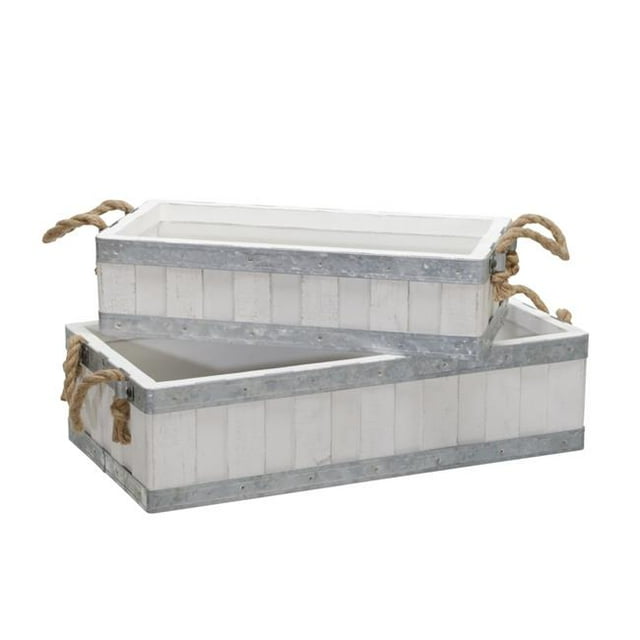 Benjara BM221107 Plank Style Rectangular Wooden Tray Rope Handle, White - Set of 2