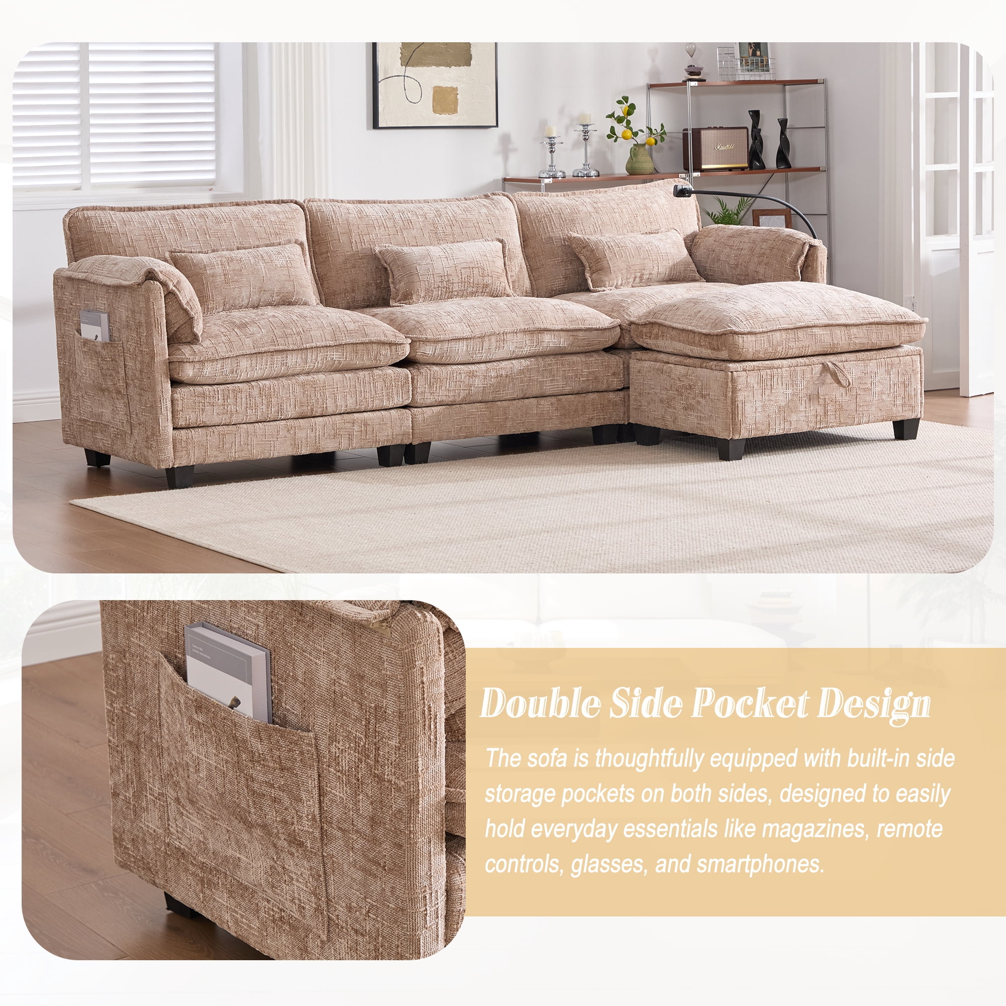 MOONMISS Chenille Upholstered L-shaped Modular Sectional Sleeper Sofa with Movable Storage Ottoman,USB&TYPE-C-Khaki