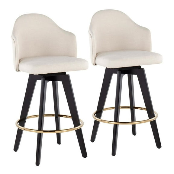 LumiSource Black Wood, Gold Metal, Cream Fabric Ahoy 26" Counter Stool - Set of 2