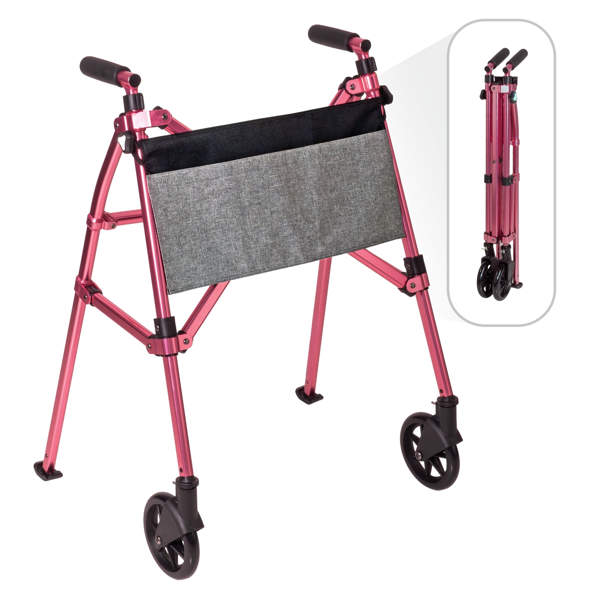 Stander Wonder Walker Plus, Lightweight Folding Rolling Walker for Seniors, Collapsible Travel EZ Fold-N-Go Walker with Wheels, Glides, & Pouch, Compact Standard Walker, Pink