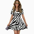 thumbnail image 2 of Stripe Animals Jungle Tiger Pattern White Women Dress V-Neck Short Sleeve Flowy Swing Party Midi Dress, 2 of 4