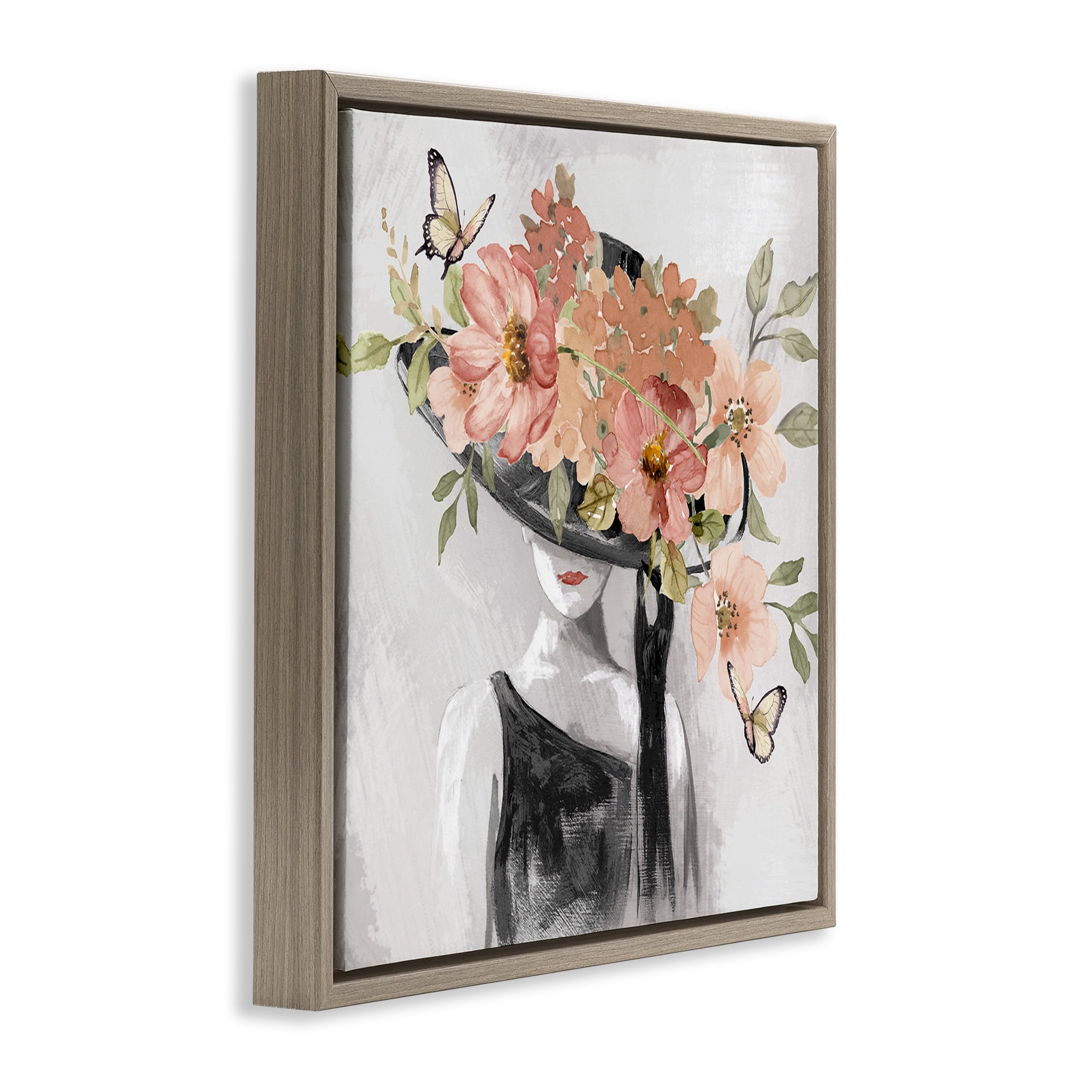 Stupell Industries Pink Floral Hat People Painting Brown Floater Framed Canvas Art Print Wall Art, 25 x 25