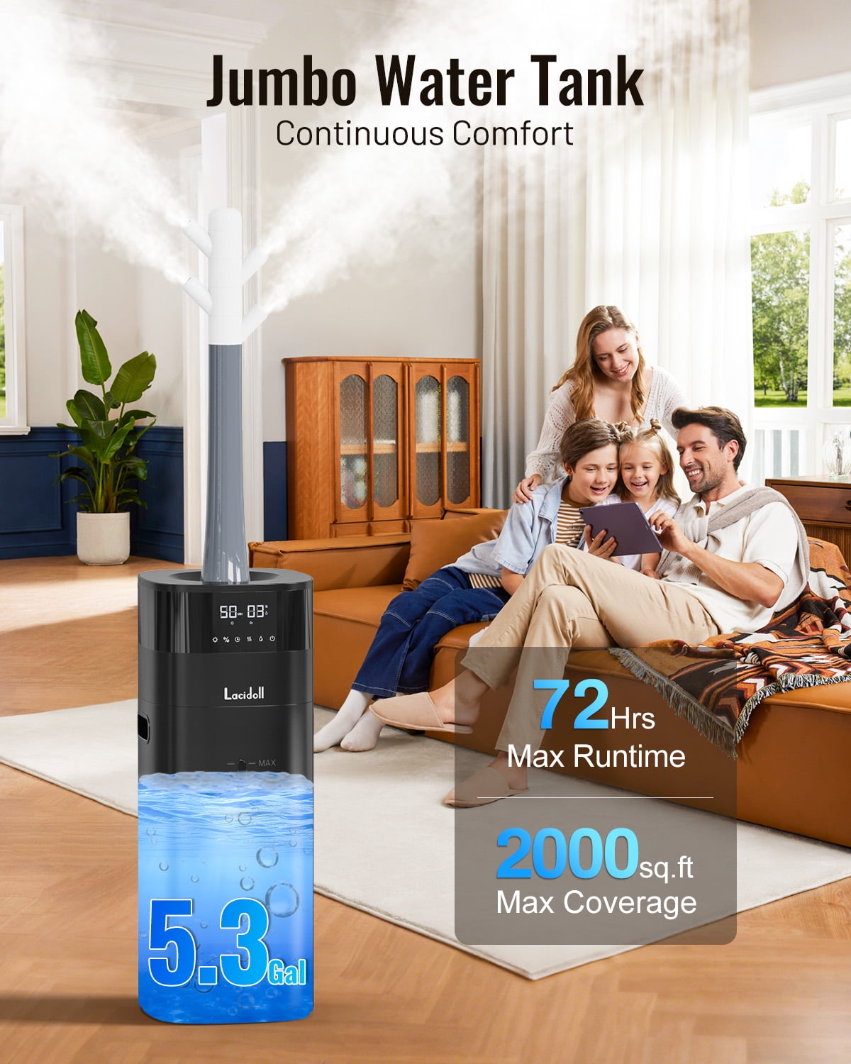 Large Room Humidifier, Cool & Warm Mist, 20L/5.3Gal Whole House Humidifier with Essential Oil Diffuser, Extended Tube, Covers up to 2000 Sq ft, Black