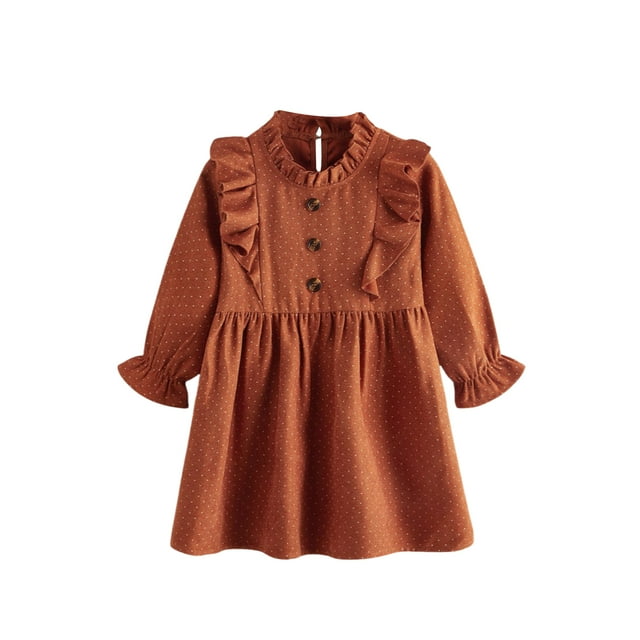 Robe en Lin pour Tout-Petites Filles, Imprimé à Pois, Manches Longues, Volants, Robes en Velours Côtelé, Automne, Robe de Princesse pour Enfants