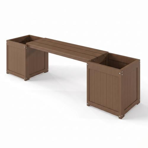 HDPE 2-in-1 Outdoor Bench with Flower Boxes, Open-Bottom Planter, Garden Patio Seating, 71 in W, Brown