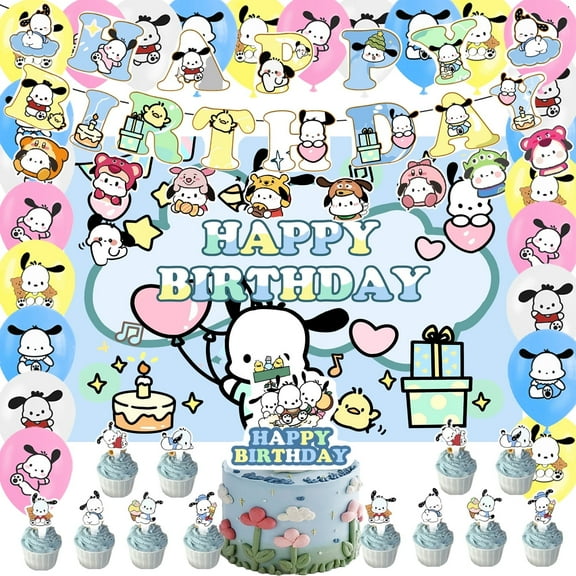 Pochacco Birthday Party Supplies, Pochacco Party Decorations Set - Pochacco Birthday Decoration Banner Background Tablecloth and Pochacco Balloon Cake Topper and Other Party Supplies