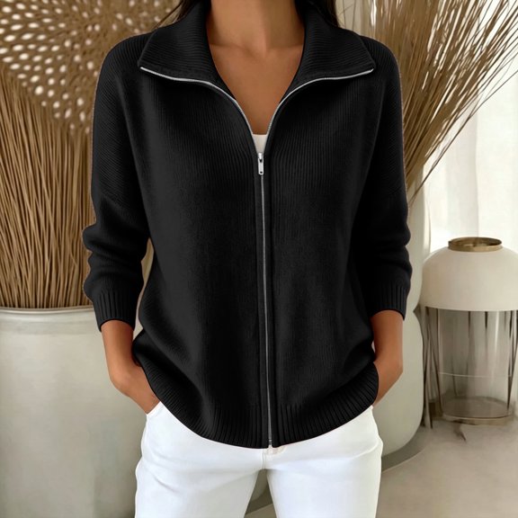 KICILVS Sweater Jacket for Women Full Zip Collared Ribbed Cuffs Knit Coat Plain Casual Fall Winter Trendy Outerwear