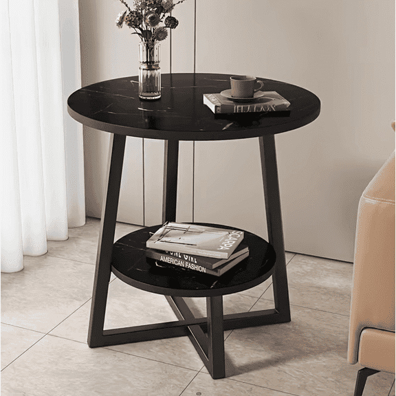 Modern 2-Tier Metal Coffee Table with Storage Shelves Compact Round Side Table for Living Room Balcony or Bedroom White Marble Top 4 Color Options Minimalist Design Versatile Furniture