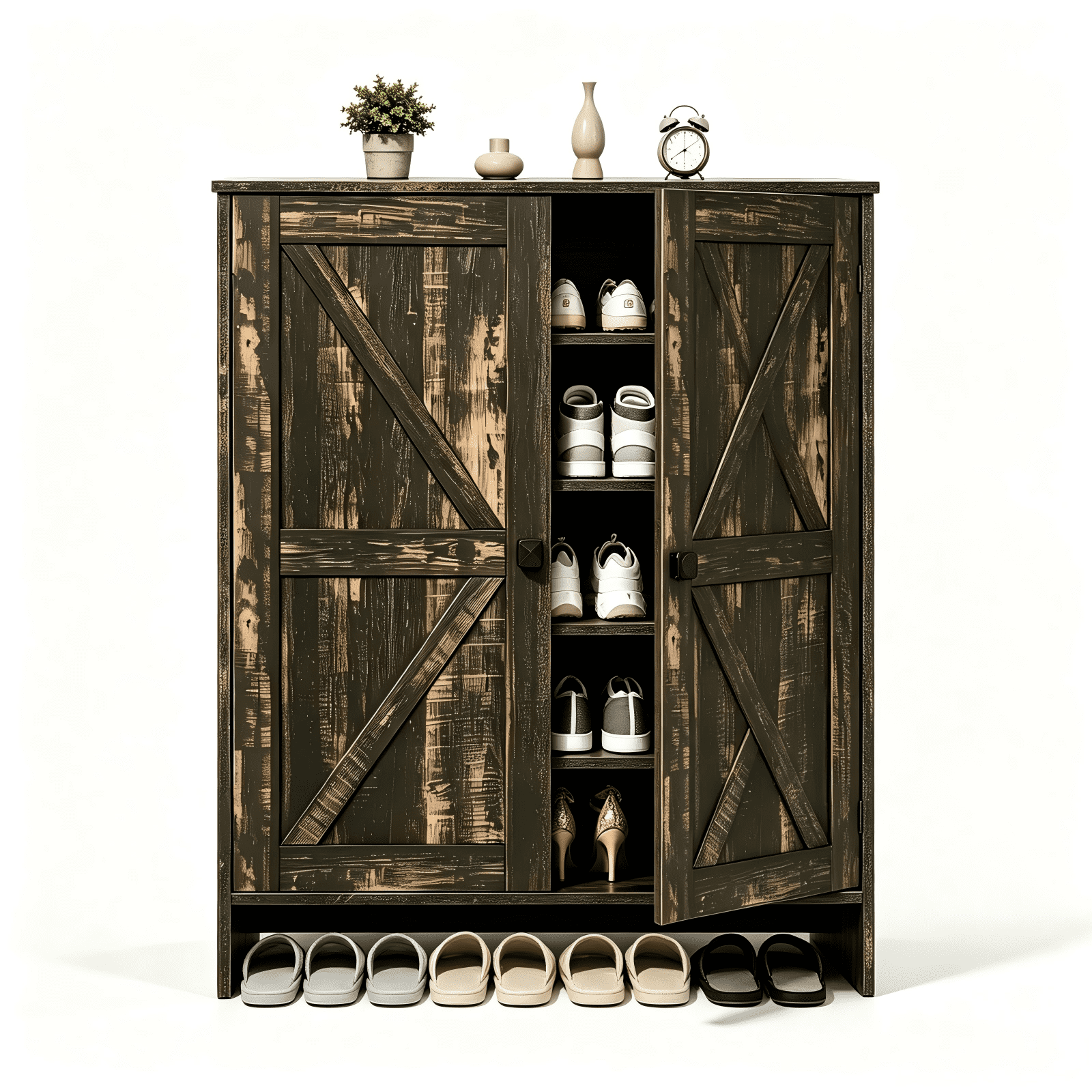 2-Door Barn Door Shoe Cabinet with Sliding Doors and Black Handles