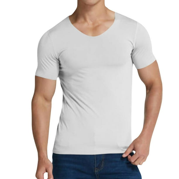 Camisas de Suéter de Hombre de Color Sólido Cuello en V de Manga Corta, sin Costuras Estiramiento Apretado Top de Fitness