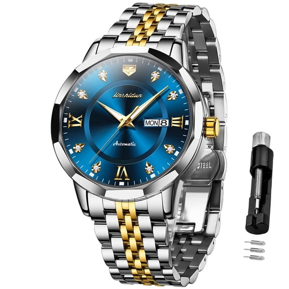 JSDUN Automatic Watches for Men Self Winding Mechanical Multi CalendarRoman Numeral Plated Golden Classic Business Design Two Tone Luminous Stainless Steel Bracelet Sophisticated Reloj Para Hombre