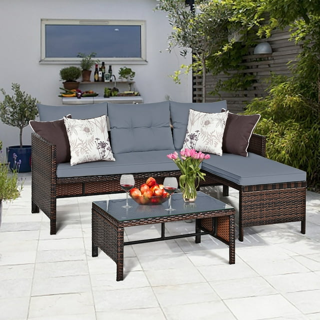 Costway Ensemble de Canapé en Rotin Osier pour Patio 3 Pcs, Ensemble Sectionnel de Conversation Extérieur pour Pelouse et Jardin