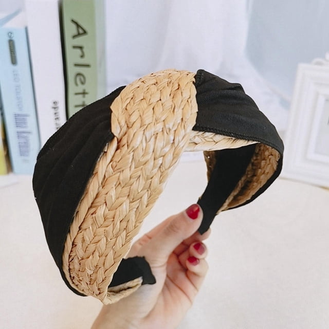 Retro Lafite Grass Boho Diademas, Accesorio cabello Elástico Ancho Aro cabello Diadema Elástica Banda cabello para , negro