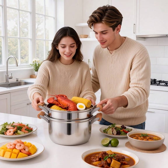 Multi-Functional Stainless Steel Steamer Pot With Lid - 1/2 Tier With Handle, Ideal For Vegetables Sauces & Food Cooking