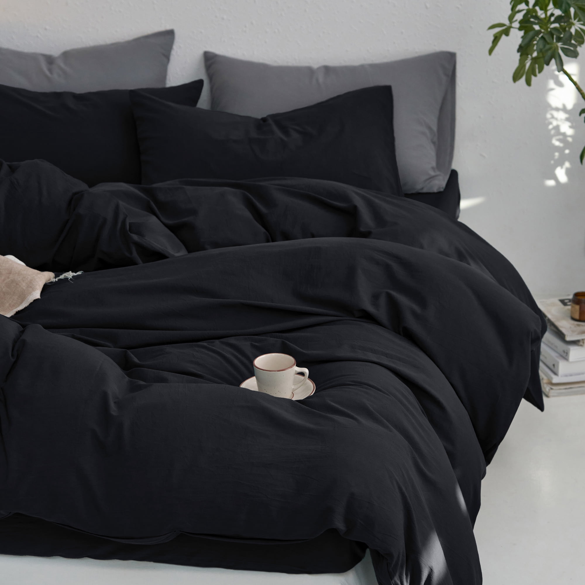 MooMee Duvet Cover Set Queen 100% Washed Cotton Twill Ultra-Soft Breathable Linen Like 3-Piece (Black, 90"x90")