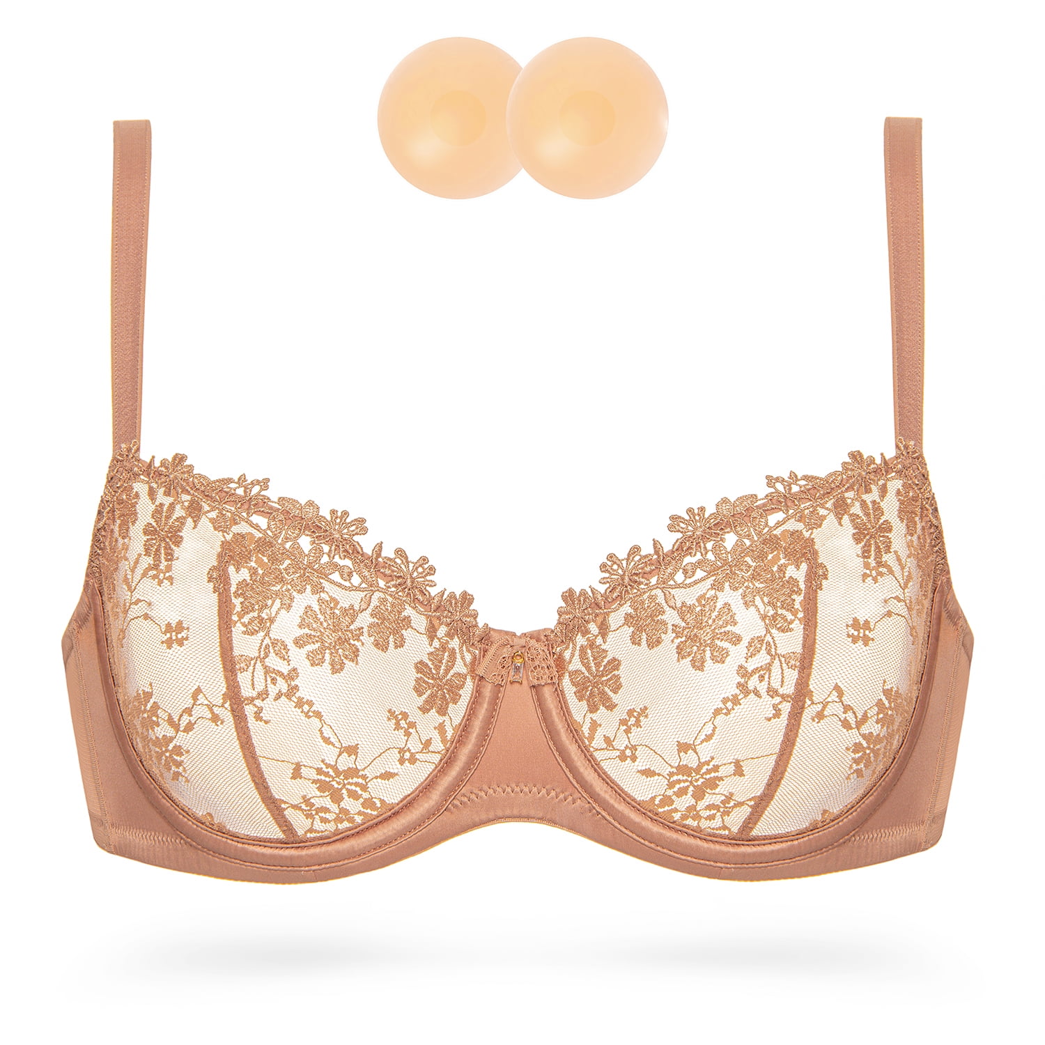 Wingslove Women's Sexy Lace Sheer Bra Demi Mesh Balconette See Through Unlined Underwire with Silicone Nipple,Milk Coffee 38DD