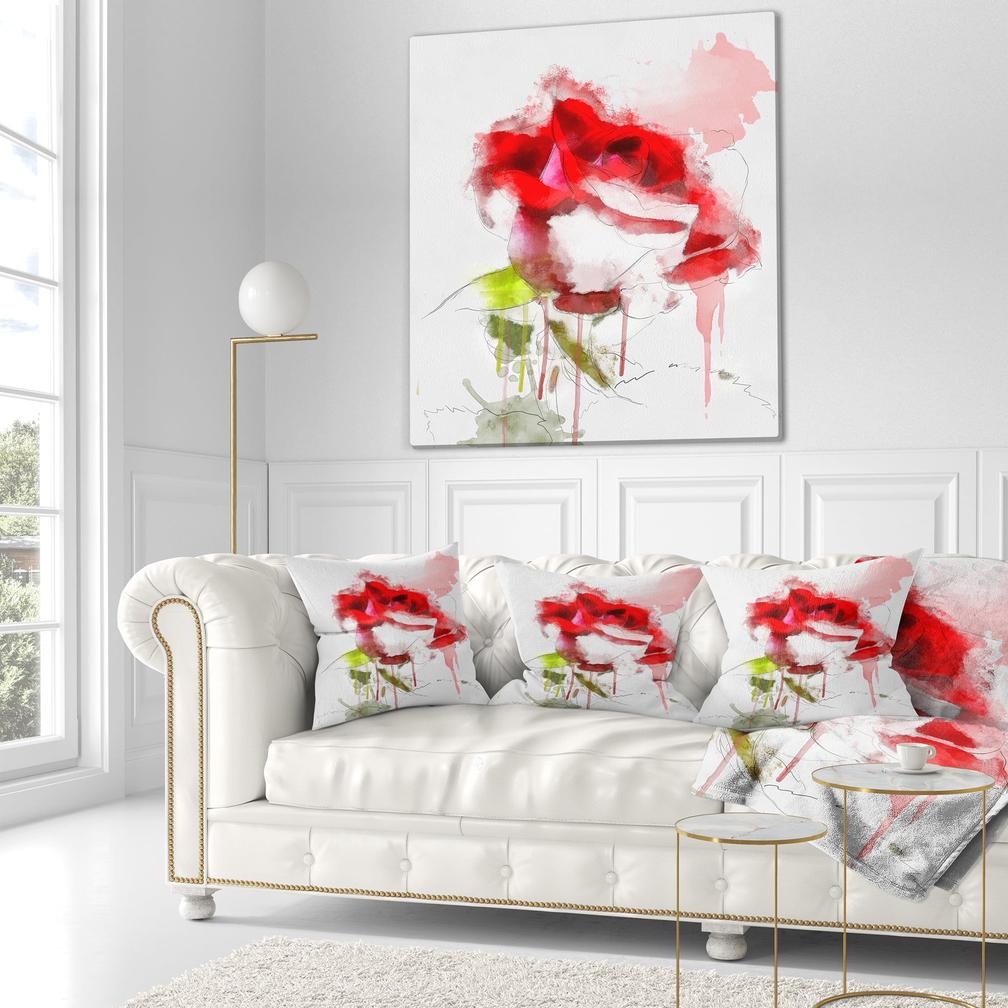 Designart Red Rose Sketch with Red Splashes - Floral Throw Pillow - 16x16