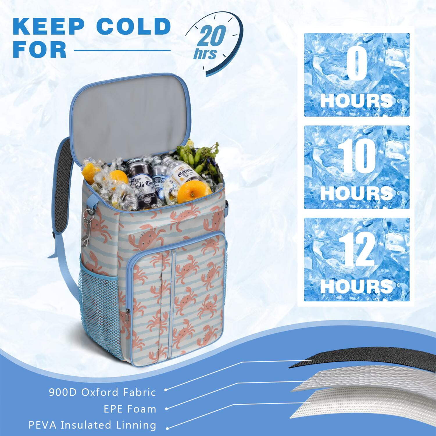 Insulated Cooler Backpack,Cooler Bag Insulated Leak Proof Travel Cooler Bag Waterproof Lunch Picnic Beach Work Trip Thermal Bag Drink Beverage Beer Bag Cooler Marine Adorable Crab