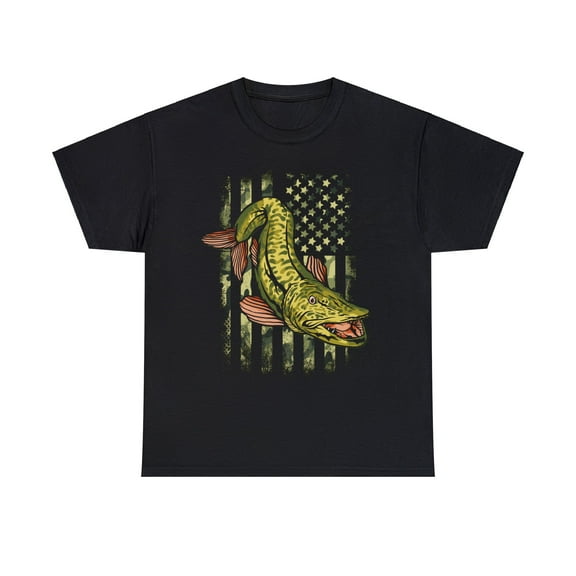Musky Fishing Camouflage American Flag Muskie Unisex Cotton Tee