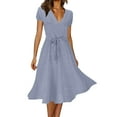 thumbnail image 1 of 2025 Robe Décontractée pour Femmes Été Robes Décontractées Longueur Genou pour Femmes Robe Col en V Robe Unie Couleur Imprimé à Pois Robe en Lin pour Femmes Robe d'Été Manches Courtes à Lacets avec Lien, 1 of 4