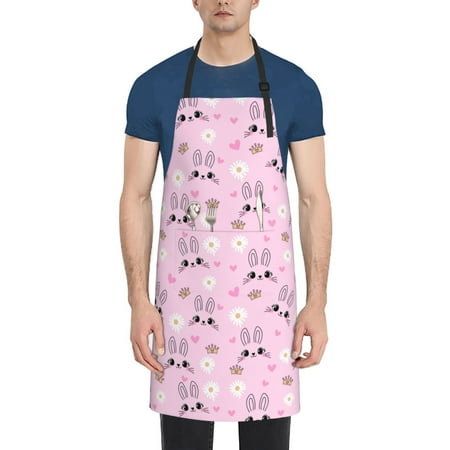 

Pofeuu Rabbit Face Print Waterproof Apron with Pockets Adjustable Cooking Aprons Kitchen Bib for Baking Household Cleaning