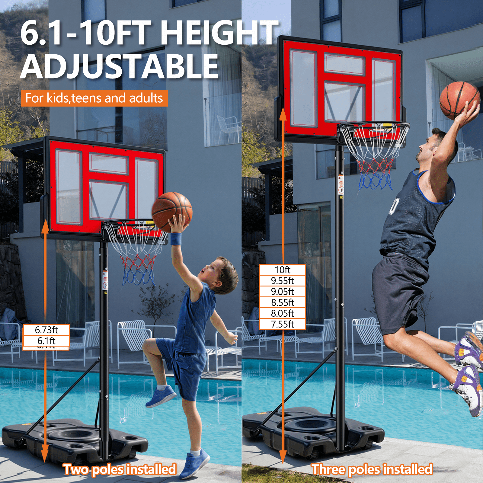 JIOABL 6.1ft-10ft Adjustable Height 44" Outdoor Basketball Hoop for Adult, Red