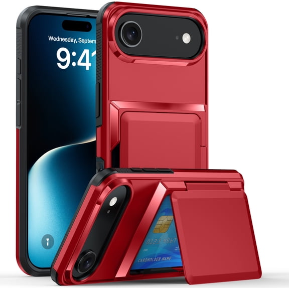 For iPhone Air Case with Card Holder Heavy Duty Protective Kickstand Dual Layer Shockproof Hidden Card Slot Slim Wallet Military Protection Rugged Case for iPhone Air,Red