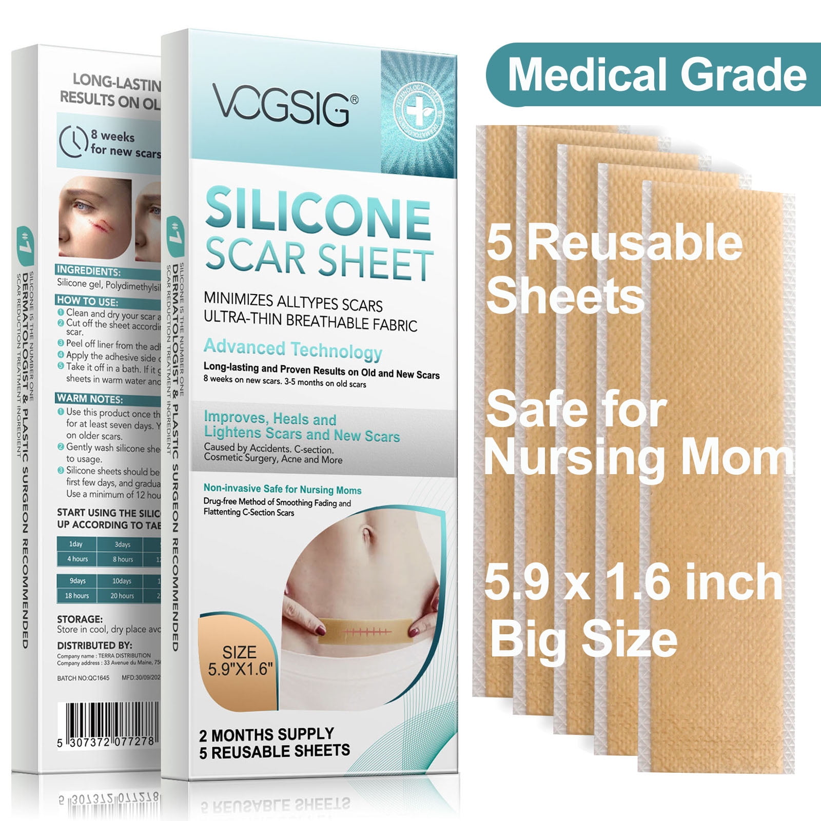 Vogsig 4PCS Medical Silicone Scar Sheets 3x1.6inch Reusable for 2 Months,  Reduce Scar for Surgery,Burn,Acne,C-Section
