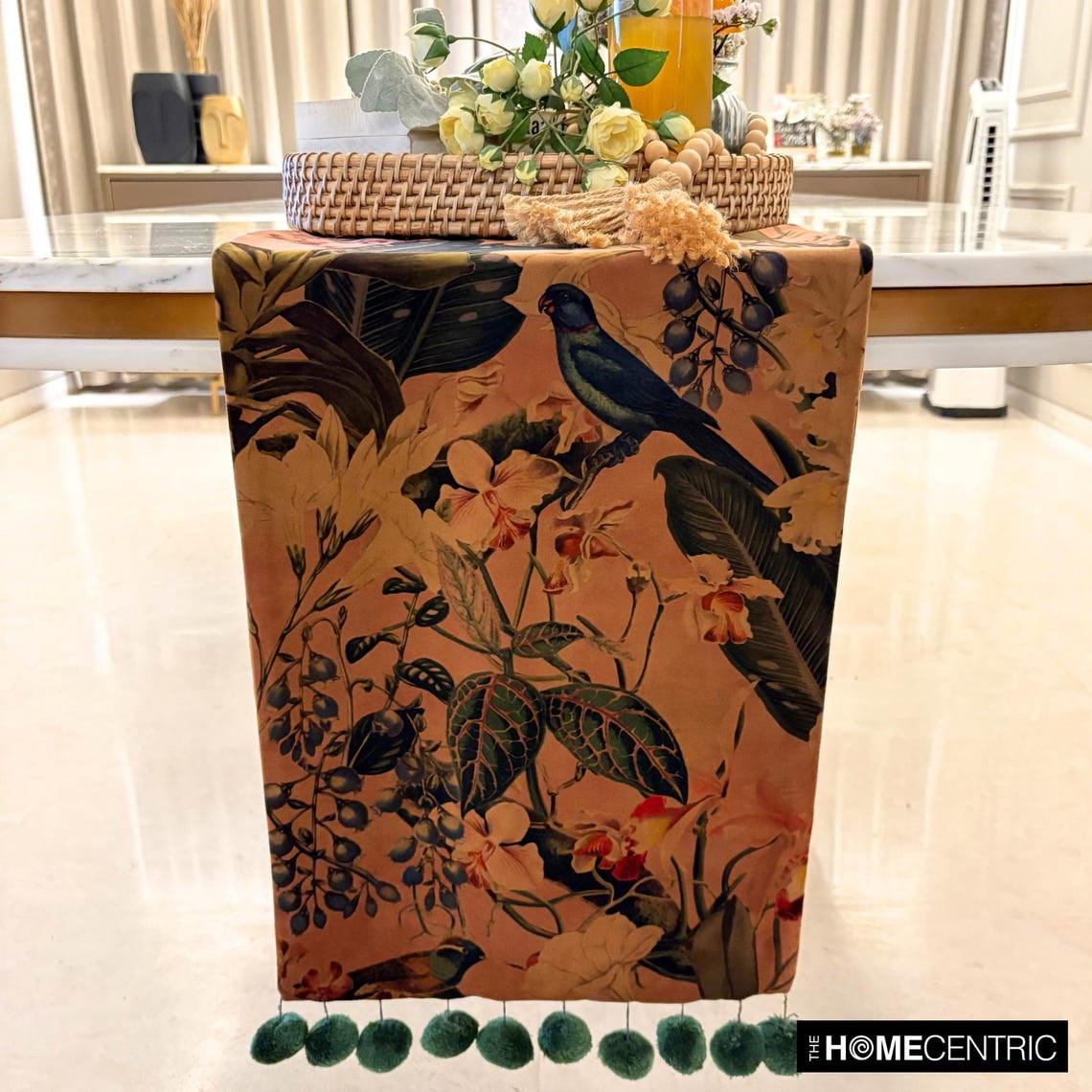 Rust Decorative 8 Seater Table Runner (16 x 108 inch) | Modern Velvet Floral Table Linen | Fall Hosting Pom Poms, Bird Table Runner for Party, Dining Table Décor - Fauna Flow