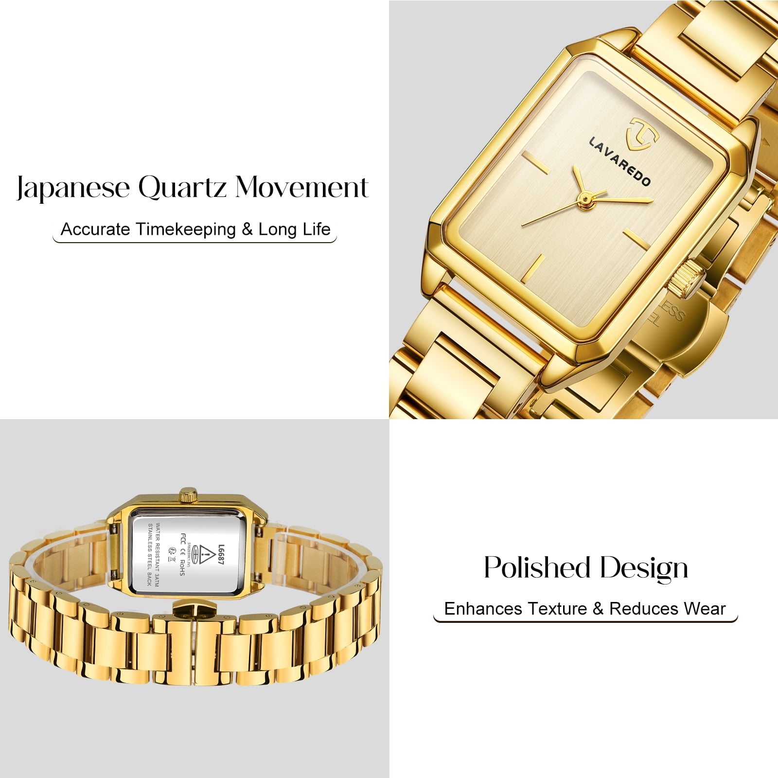 Watch Bracelet Set for Women, 18K Gold Plated Bracelet Bangle, Luxury Ladies Quartz Wrist Watches Set - 3PCS, Gift for Her (Gift Box Included)