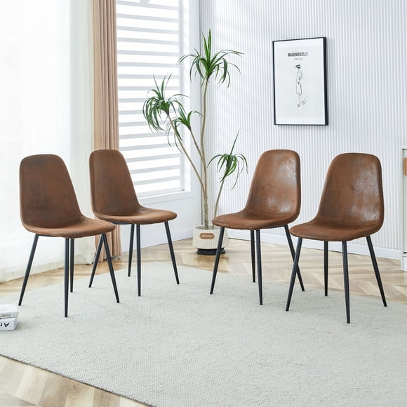 Medieval-Inspired Dining Chairs - Set of 4, Brown Linen Fabric & Black Metal | Kitchen, Lounge, Farmhouse Seating with Adjustable Feet