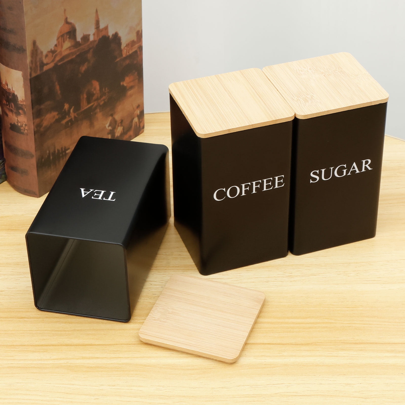 Tcwhniev 3 Pcs Coffee Tea Sugar Container Set with Bamboo Lid Metal Tea Coffee Sugar Canister Set for Kitchen Airtight Coffee Tea Sugar Food Storage Container