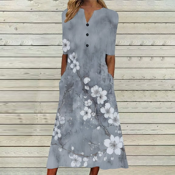DailyTrove Women's Floral Printed 3/4 Sleeve Maxi Dress, Elegant Outerwear for Summer Garden Parties Outdoor Weddings